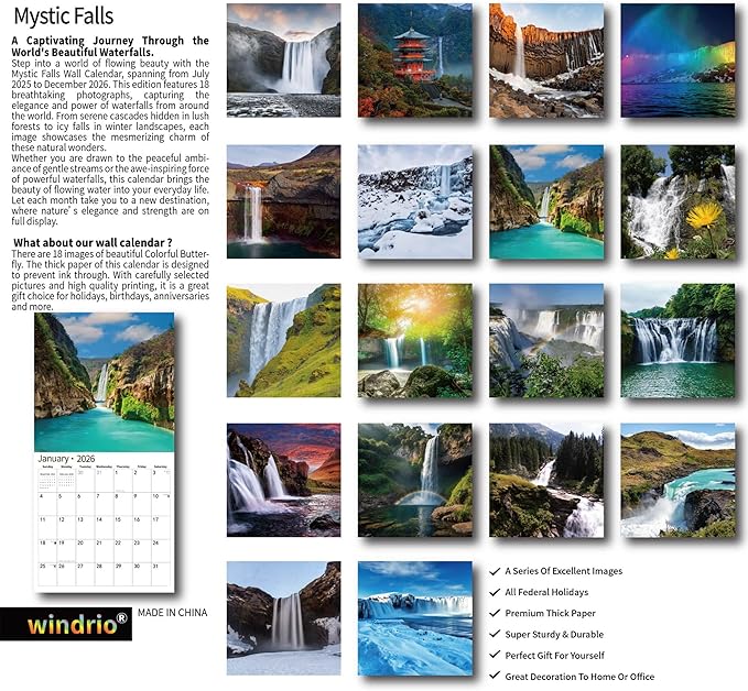 2026 Wall Calendar,Calendar 2026, July 2025 - December 2026, Wall Calendar Mystic Falls, 12" x 24" Opened,Full Page Months Thick & Sturdy Paper for Gift Perfect Calendar Organizing & Planning