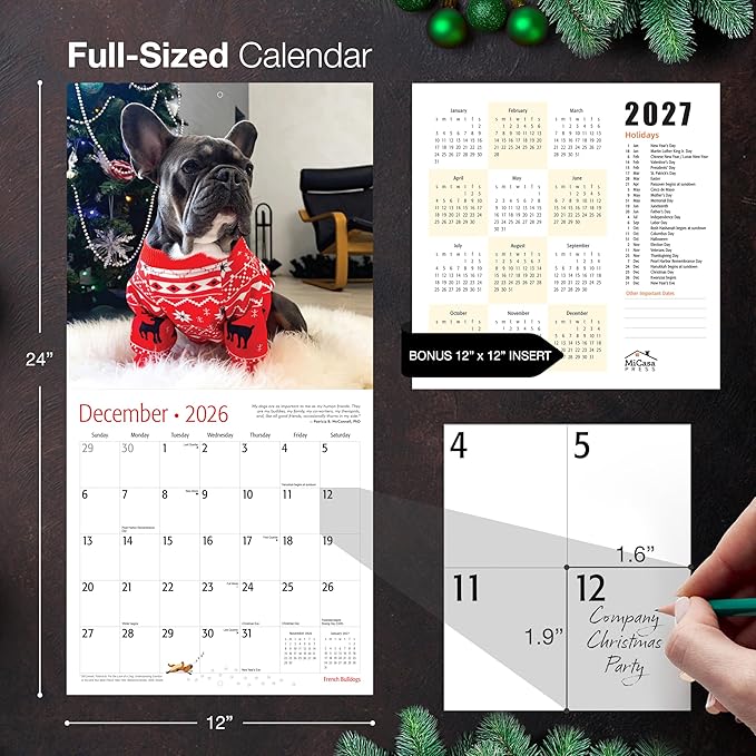 MICASA PRESS French Bulldogs 2026 Wall Calendar 12 Month | 12" x 24" Open | Thick & Sturdy Paper | Holiday Gift | Cute Frenchie Puppy Dog Calendar 2026