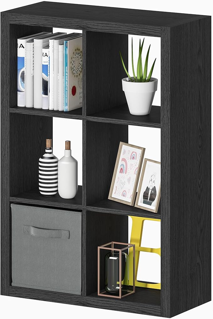Bookshelf with Storage Bin, 6-Cube Storage Organizer, Modern Wood Open Bookcase, Multifunctional Display Shelf for Living Room, Bedroom, Home Office, Black