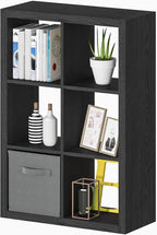 Bookshelf with Storage Bin, 6-Cube Storage Organizer, Modern Wood Open Bookcase, Multifunctional Display Shelf for Living Room, Bedroom, Home Office, Black