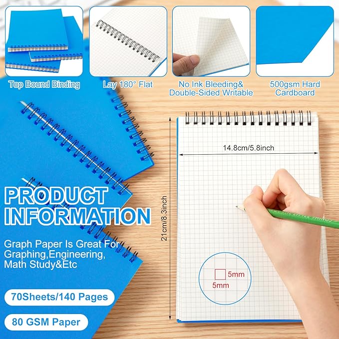 Engrowtic 2 Pack Graph Paper Spiral Notepad A5 Top Wirebound Notepad Grid Notebook Steno Pads Memo Notebook Grid Paper 140 Pages for Writing Sketching Drawing Office Supplies (Light Blue)