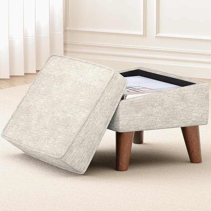 FAGAGA Ottoman Foot Rest, Small Footstool Ottoman with Storage, Modern Foot Stool with Adjustable Lid and Sturdy Wood Legs for Living Room, Bedroom, Couch, Enterway (Beige)