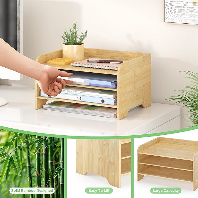 Wisuce Essentials Bamboo Desk Organizer Mail Holder Countertop Letter Tray File Organizer for Desk Letter Sorter Paper File Storage for School Home Office Supplies