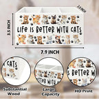 QZQE Cat Pen Pencil Holder Organizer for Desk, Cat Lovers Mom Lady Gifts for Women, Life Is Better with Cats Wooden Box Signs Decorations for Home Office Desk Tabletop, Gifts for Pet Lovers