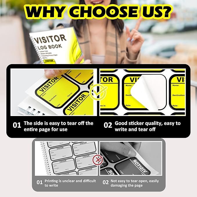 2 Pack Visitor Badges with Carbon Copy Visitor Stickers Letter Size Visitor Log Book Protecting Privacy Pages Register Book Business Guest Name tag for School Clinics Church 900 Badges 120 Memo Pages
