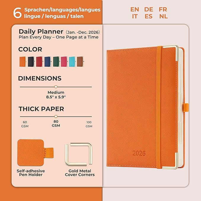 IN-LUXPRO Daily Planner 2026 with One Page Per Day,(A5-8.5" x 5.9"),12 Months Calendar Hourly Appointment Book Monthly Tabs & Self-adhesive Pen Holder,Inner Pocket, Vegan Leather Hardback,Orange