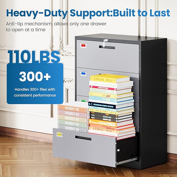 PEUKC 4 Drawer File Cabinet, Lateral Filing Cabinets for Home Office, Office Storage Drawers with Lock, Hanging Files Legal/Letter A4 Size (Assemble Required,Black Grey)
