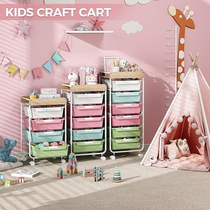 Rolling Storage Utility Cart With 6 Drawers,Art Supply Craft Organizer,Sewing Makeup Organizer And Storage,Office Organization Wooden Tabletop,Colorful