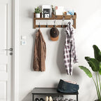 AMBIRD Wall Hooks with Shelf, 26.57 Inch Entryway Wood Coat Hooks for Wall with Shelf, Coat Rack Wall Mount with 5 Dual Hooks 3 Key Hooks Mail Organizer and Key Rack Holder (Brown)