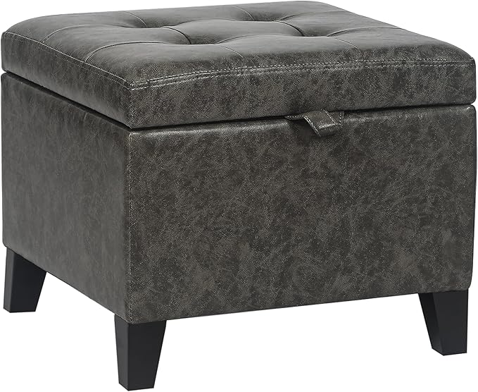 Adeco Small Faux Leather Storage Ottoman Bench with Wood Legs, 15.2" Square Mixed Grey PU Cube Foot Stool, Upholstered Button Tufted Vanity Chair with Hinged Lid for Living Room, Bedroom, Dorm