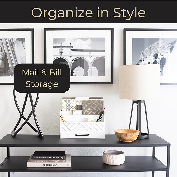 BLU MONACO | White Wooden Mail Organizer with Drawer | Desktop Mail Sorter & Countertop Bill Holder for Home Office | Multi-Compartment Desk Organizer with Farmhouse Style