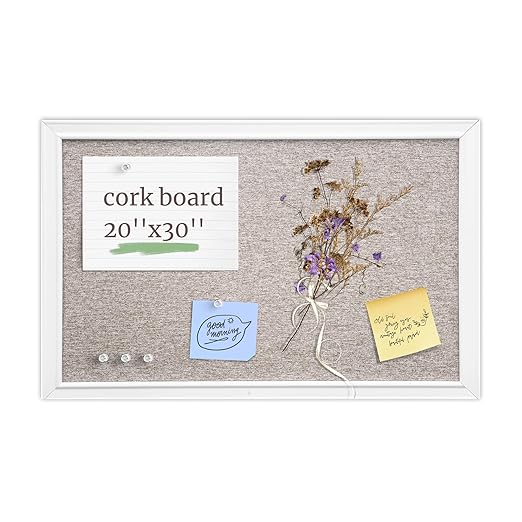 VUSIGN Linen Bulletin Board, 30'' x 20'' Large White Cork Board Decorations, Wall Mounted White Framed Cork Boards, Fabric Pin Boards for Walls with 10 Pushpins for Home, School, Office