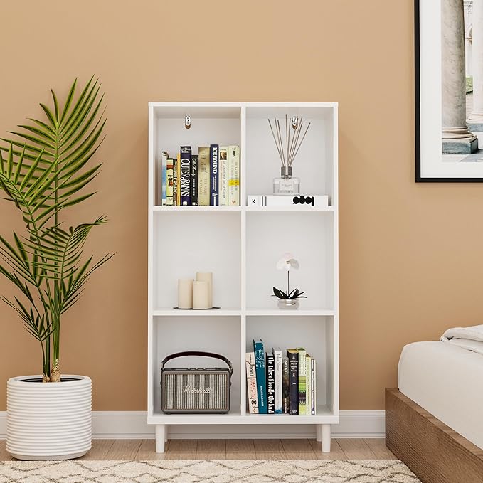 Chyanmoo Wood Cube Storage Organizer White Bookshelf - 3-Tier Freestanding Storage Cabinet with Legs for Home Office, 6-Cubes Open Shelf