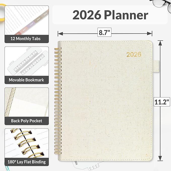 SUNEE 2026 Planner, Weekly and Monthly Calendar Planner 9"x11.2"- 12 Month (January 2026 - December 2026), Linen Cover, Pocket, Bookmark, Notes, Monthly Tab, Beige