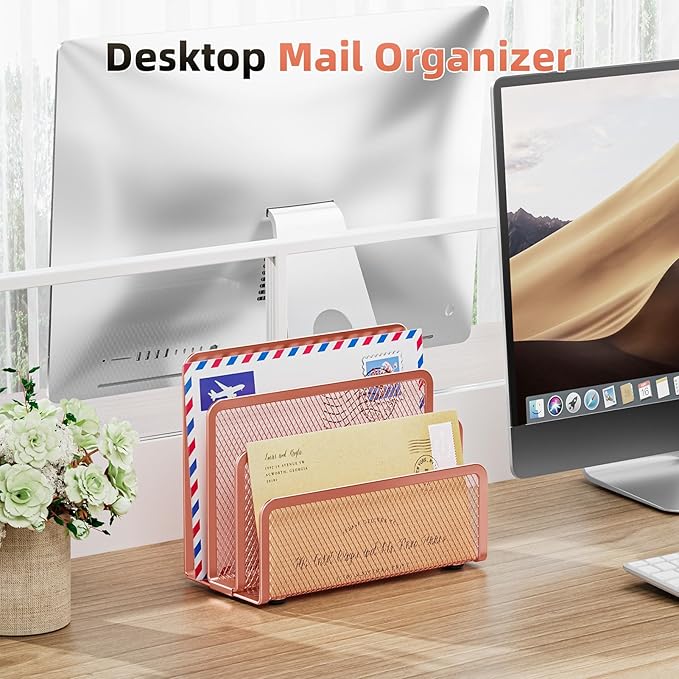 Marbrasse Mail Organizer for Desk, 3-Slot Mesh Metal Mail Holder countertop, Letter Holder, Office Desktop Envelope and Document Storage Rack (Rose Gold)