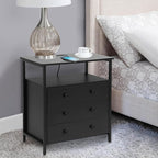 Edbuosy 3 Wooden Drawers Nightstand, 27 Inch Wide Night Stand Set 2 with Charging Station and Adjustable Drawers, Small Dresser for Closet, Bedside Table for Living Room/Bedroom/Office, Black.
