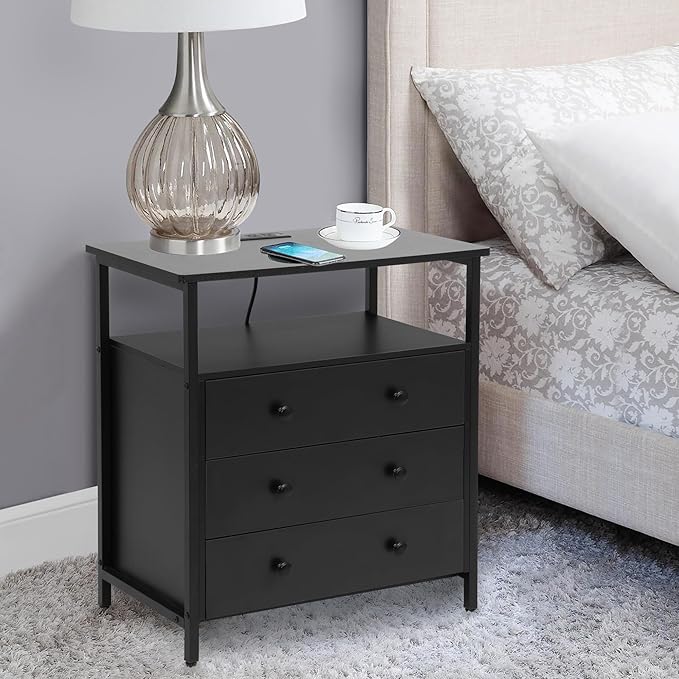 Edbuosy 3 Wooden Drawers Night Stand, 27 Inch Wide Nightstand with Charging Station and Adjustable Drawers, Small Dresser for Closet, Bedside Table for Living Room/Bedroom/Office