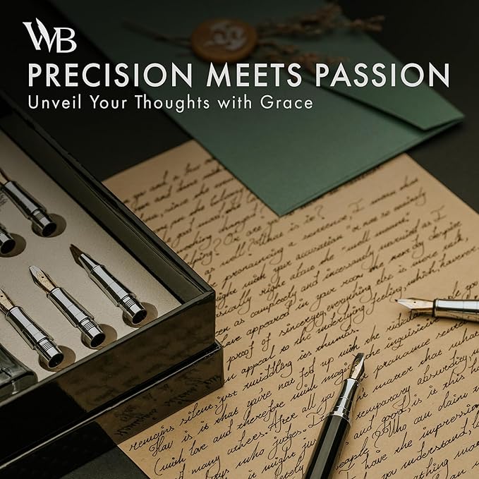 Wordsworth & Black Calligraphy Pen Gift Set, Includes Bottle, 6 Cartridges, 1 Refill Converter, 6 Replacement Nibs, Premium Package, Journaling, Smooth Writing Pens [Silver Chrome]