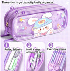 UINSUE Cute Pen case Adorable Bunny Transparent 3-Layer Large Capacity Pencil Case Gadget organizer with Lovely Stickers (Purple-Doggy)