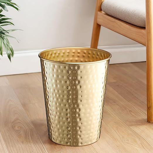Monarch Abode Metal Bathroom Trash Can – Waste Basket for Bedroom, Office Desk, & Dorm, Hand Hammered, Durable Decorative Brushed Gold Small Trash Can Bathroom Garbage Bin Wastebasket