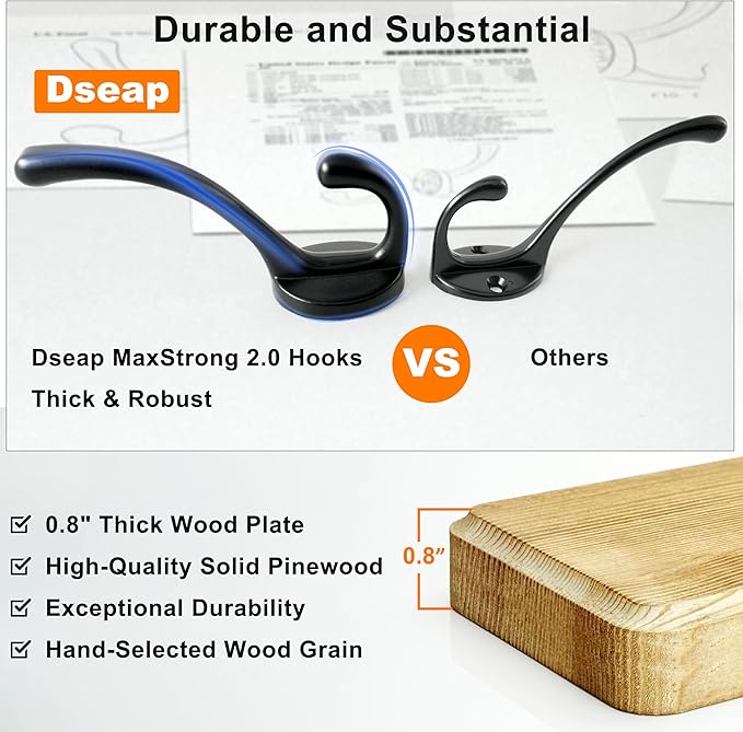 Dseap Coat Rack Wall Mount: 38-1/4" Long, Patented, Heavy-Duty, 10-Double-Hooks Wooden Hanger Rail for Winter Coats Hat Jacket Clothing, White & Black