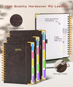 Hardcover Spiral Notebook 8.5"x11" Journal with Removable Dividers Tabs, 300 Pages Leather 5 Subject Notebook College Ruled, Large A4 Notebooks for Work School, Lined Journal for Women, A4 Brown