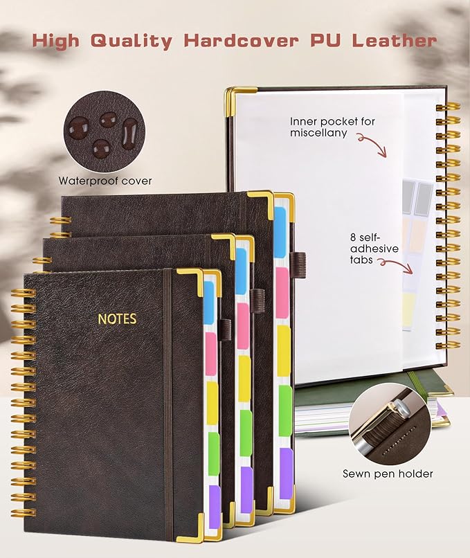 Hardcover Spiral Notebook 8.5"x11" Journal with Removable Dividers Tabs, 300 Pages Leather 5 Subject Notebook College Ruled, Large A4 Notebooks for Work School, Lined Journal for Women, A4 Brown