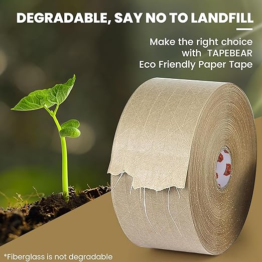 TAPEBEAR 1.5" Core Water Activated Tape, Fiber Reinforced Gummed Tape 2.75inch x 377ft, Eco-Friendly Kraft Paper Tape Biodegradable Brown Packing Tape for Security Sealing, Packaging, Shipping, 4Rolls