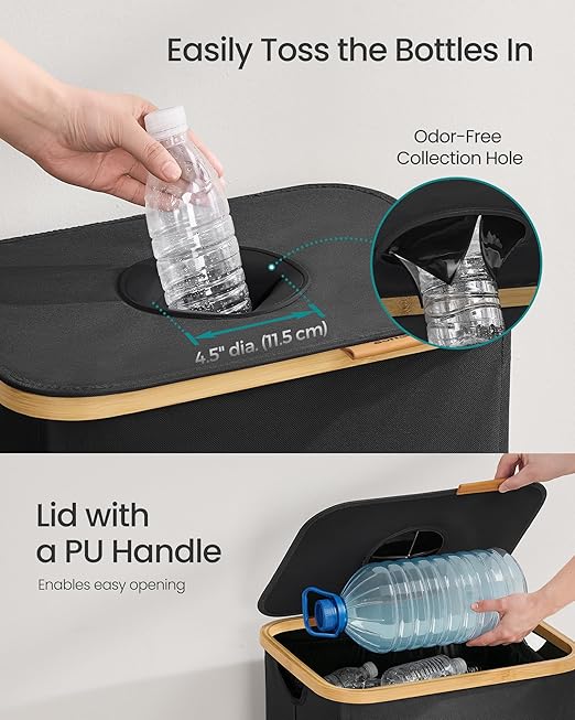 SONGMICS Recycling Bin for Kitchen 37 Gallon. Bottle Recycling Container, Collection Bin, for Metal, Plastic, Paper, Glass, Inner Bag with Handles, Kitchen, Ink Black and Natural Beige URRB513B01