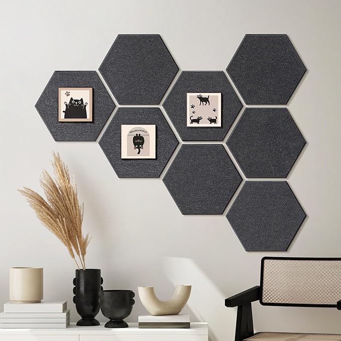 Fwpelt 12'' Large Hexagon Cork-Bulletin Boards for Walls, Self-Adhesive Modern Corkboard, Frameless Felt Pinboard, Prayer-Vision Pin Board for Office, Pack of 8 Hex Cork Tiles with 30 Pushpins
