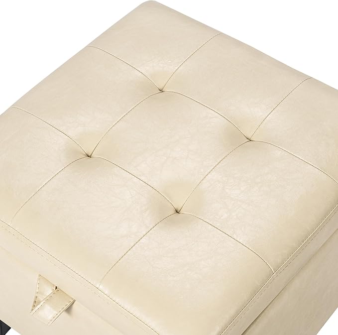 Asense 17 Inch Faux Leather Ottoman with Storage, Square Ottoman Footstool Upholstered Footrest for Couch Entryway Bedroom Living Room, Beige