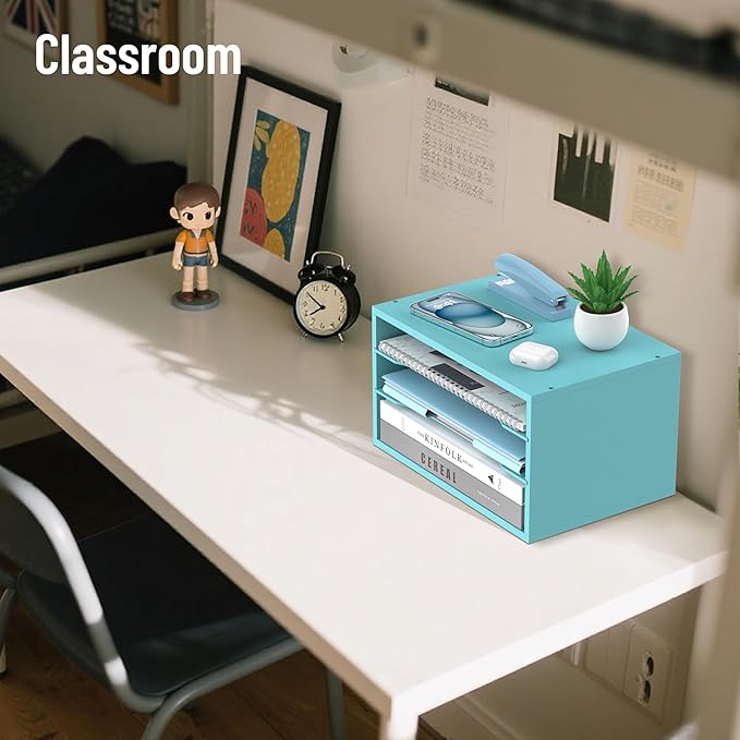 SHARKWOODS Wood Desk Organizer, 3 Tier Paper Tray Organizer for Desk with Adjustable Storage Shelves, Desktop File Organization Paper Sorter Mail Holder for Office Home Classroom, Blue
