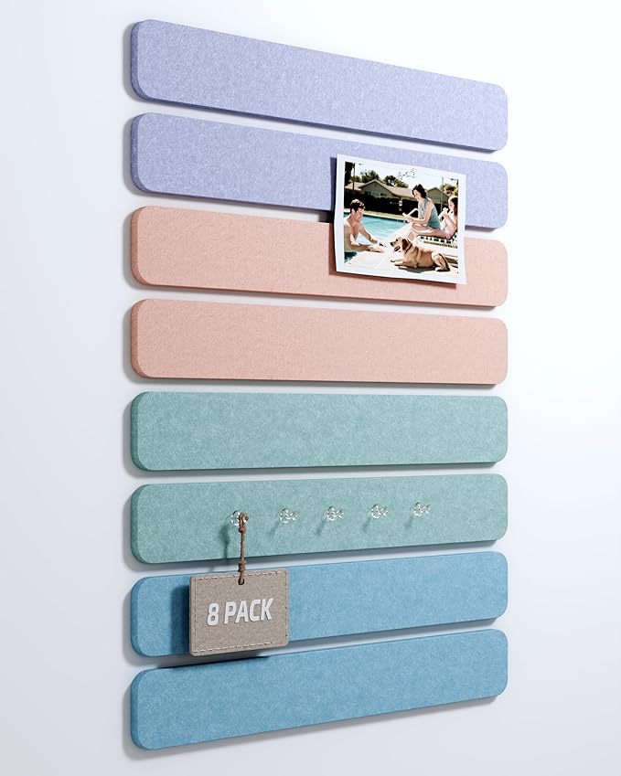 Cork Board Alternative Felt Strip Board 8-Pack 13"x2", Office Pin Board with 50 Push Pins, Adhesive Install for Bedroom Door & Home Office(Coastal Haze)