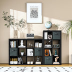 furtble Bookshelf with Storage Bins, 8-Cube Storage Organizer, Modern Wood Open Bookcase, Multifunctional Display Shelf for Living Room, Bedroom, Home Office, Matte Black