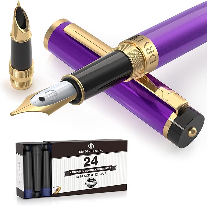 Dryden Designs Fountain Pen - Medium and Fine Nibs | Includes 24 Ink Cartridges and Ink Refill Converter | Consistent Writing, Smooth Look, Left and Right Handed - Decadent Purple.