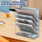 EASEPRES Desk File Organizer Mesh 6-Tier, Hanging Wall Mount Document Organization Stand, Desktop Vertical Mail Paper Folder Holder Rack with Bottom Tray for Office Home Cubicle Countertop, Gray