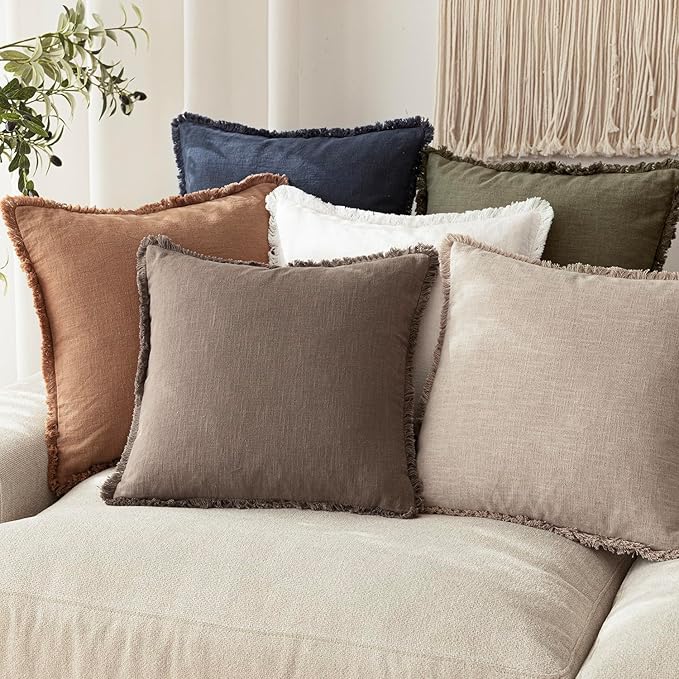 Foindtower Set of 2 Decorative Linen Fringe Lumbar Throw Pillow Covers Boho Farmhouse Cushion Cover with Tassels Accent Pillowcase for Couch Sofa Bed Living Room Home Decor,12×20 Inch,Light Coffee