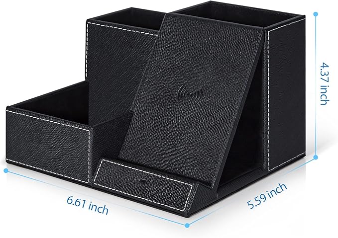 TopMade Wireless Charger with Desk Nightstand Organizer, PU Leather Pen Pencil Holder Fast Charging Station, Office Supplies for Iphone Charging Stand, Anniversary Birthday Gifts for Men(Black)