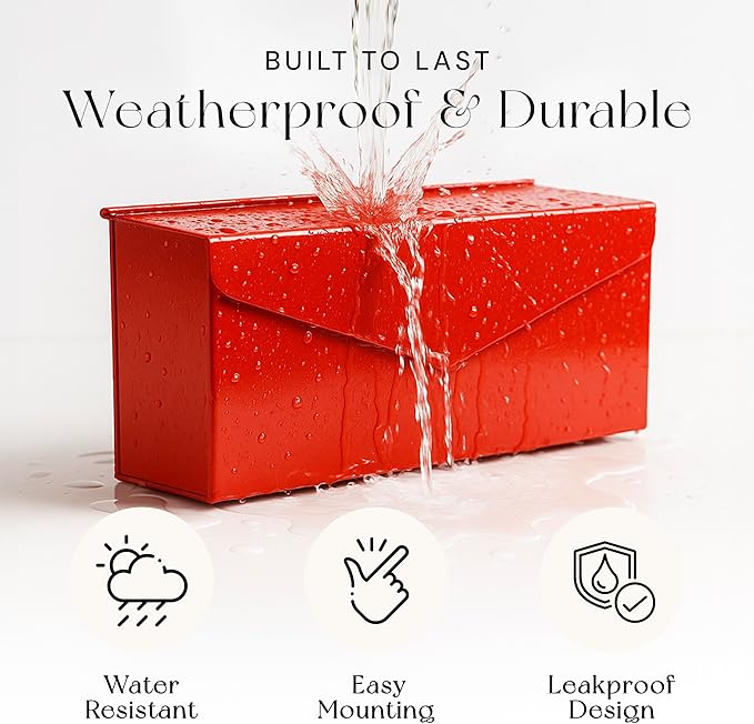 NACH Red Envelope Wall Mount Mailbox, Rust Resistant Metal Mailbox, Red Mailbox Wall Mount, Mailboxes for Outside Wall Mount, Outdoor Mailboxes, Wall Mailbox, 14.1 x 3.5 x 6 Inches, MB-6915RED