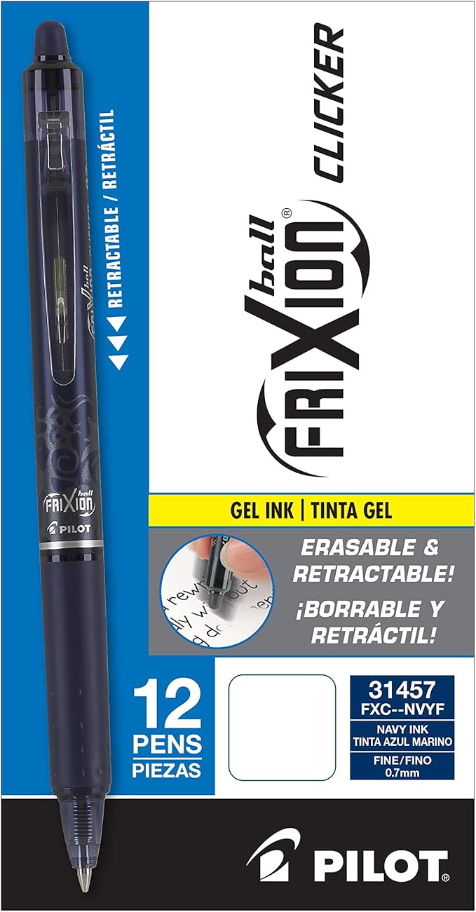Pilot FriXion Clicker Erasable Gel Pens, Fine Point (0.7mm), Navy Ink, 12-Pack - Refillable, Smooth Writing Pens for School, Journaling, and Office Use