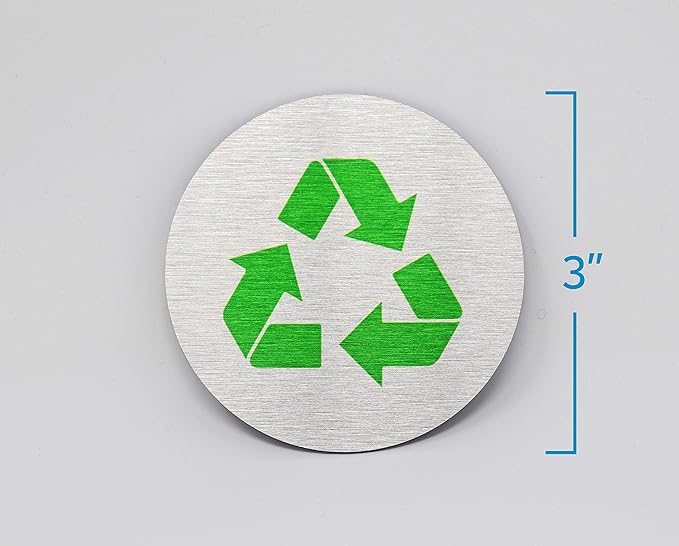 Metal Recycle Signs | Recycle Bin Marker | Metal Sign for Recycling Basket | 3" Round, Brushed Silver Aluminum with Green Recycle Symbol | Made in the USA