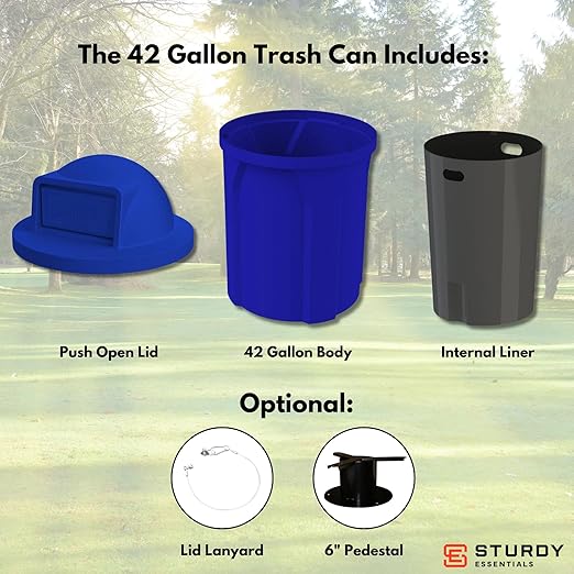 Sturdy Essentials Campus Collection 42 Gallon Round 100% Recycled Plastic Heavy-Duty Commercial Indoor or Outdoor Trash Can with Push Lid and Internal Liner | Great for Schools and Businesses - Blue