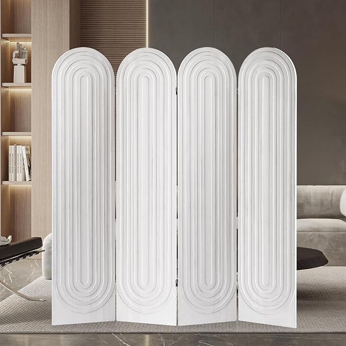 Asnefeli 4 Panel Room Divider and Folding Privacy Screen, Foldable Wood Arched Room Divider Wall, Portable Partition Screen, Room Partition Divider for Room Separation for Home Office Bedroom, White
