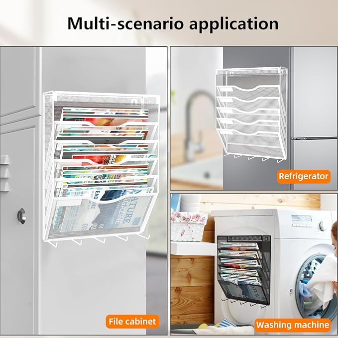 KZWKRG 6 Tier Magnetic File Holder with Hook, Magnetic File Organizer Folder Holder, Wall File Organizer, Hanging Magnetic Paper Holder for File Cabinets, Office, Whiteboard, Magnetic Mail Holder