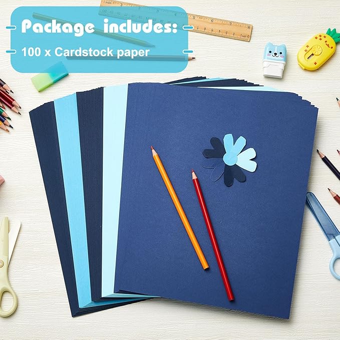Sinmoe 100 Sheets 5 Shades Cardstock Paper 8.5 x 11 Inches 180gsm Solid Core Printer Paper for Scrapbooking DIY Arts Crafts Making Office Home Supplies (Blue Series)