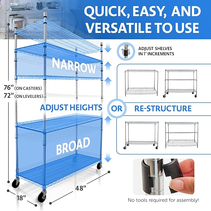 4000 LBS Heavy Duty Wire Rack 48 x 18 x 76, 5-Tier NSF Commercial Rolling Rack with Wheels, Chrome Metal Shelving Unit for Garage, Kitchen, Warehouse, Adjustable Storage Shelf, Crescent