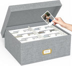 Decorative Photo Storage Box - Linen Photo Box Organizer with Dividers, Fits Holds Up to 1700 Pictures and 4x6 Photos, Memory Keepsake Organizer for Photos, Scrapbook Supplies, Cards, Stamps (Grey)