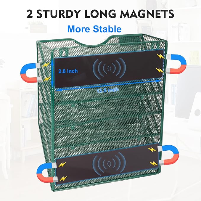 EASEPRES Magnetic 5 Pocket Mesh Hanging File Organizer, Wall Mounted Mail Paper Document Folder Holder, Clipboard Storage Organization Magazine Rack with Nametag Label for Office School, Dark Green