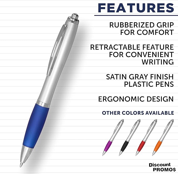 DISCOUNT PROMOS Ballpoint Pens With Rubber Grip, 10 pack, Black Ink Writing Pens in Bulk, Blue