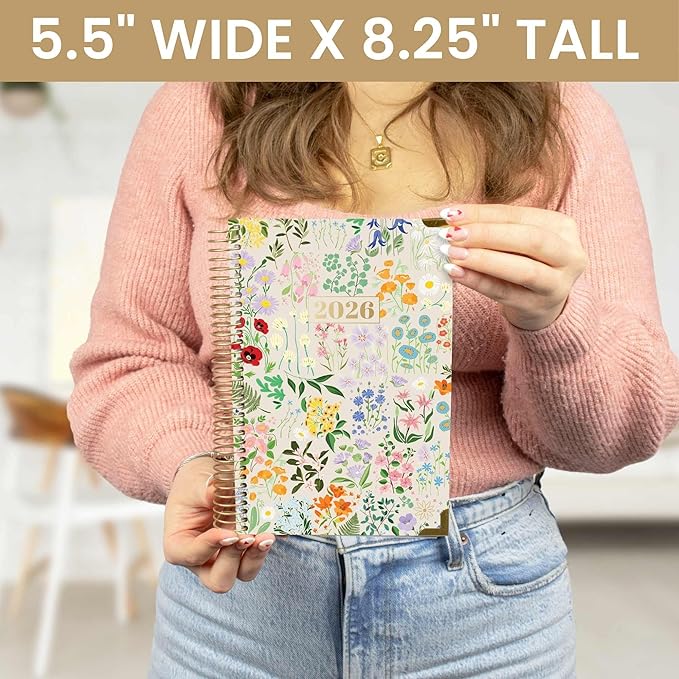 bloom daily planners HARDCOVER 2026 Planner (January to December) - A5 Task Goal Organizer - Monthly & Weekly Inspirational Agenda Book - 5.5" x 8.25" - Garden Party, Beige